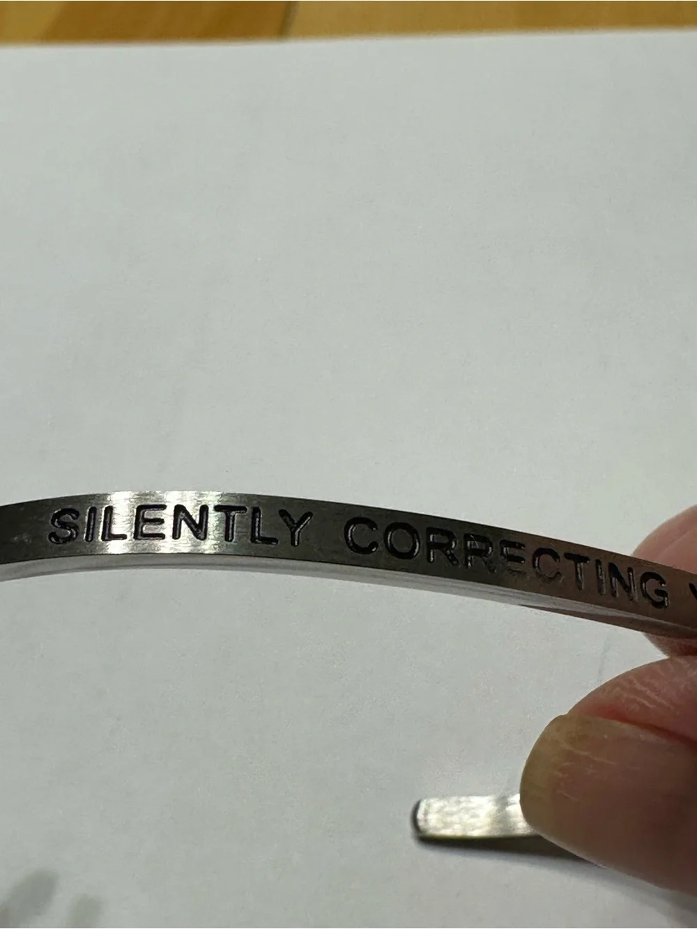 Silver Tone Engraved Mantraband Bracelet - Silently Correcting Your Grammar